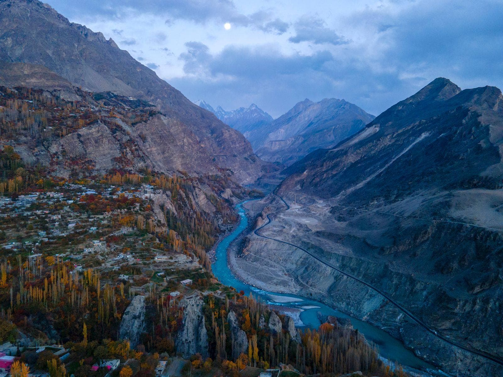 Aerial view of the Hunza valley in autumn