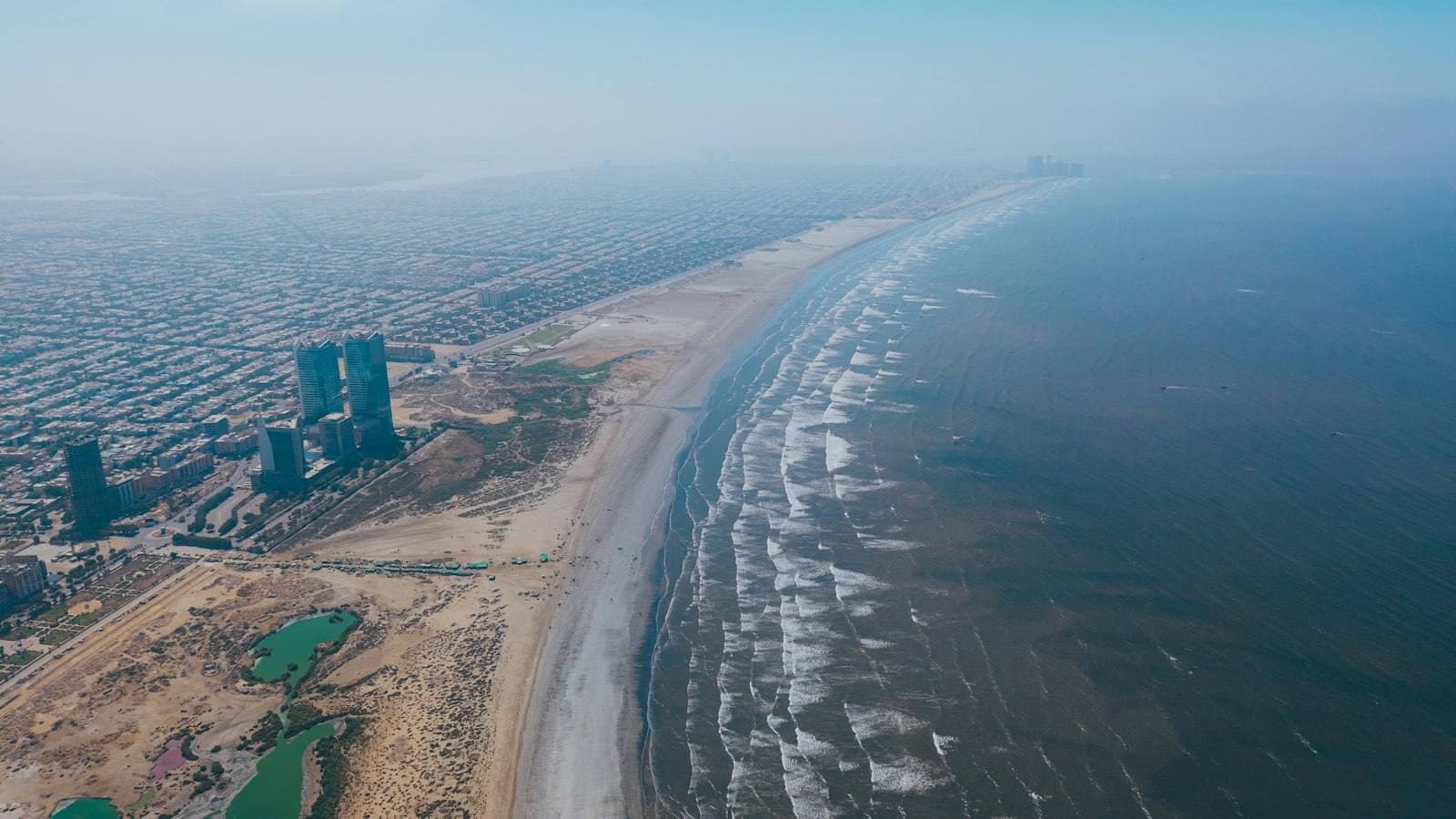 Aerial view of the Karachi coastline and city