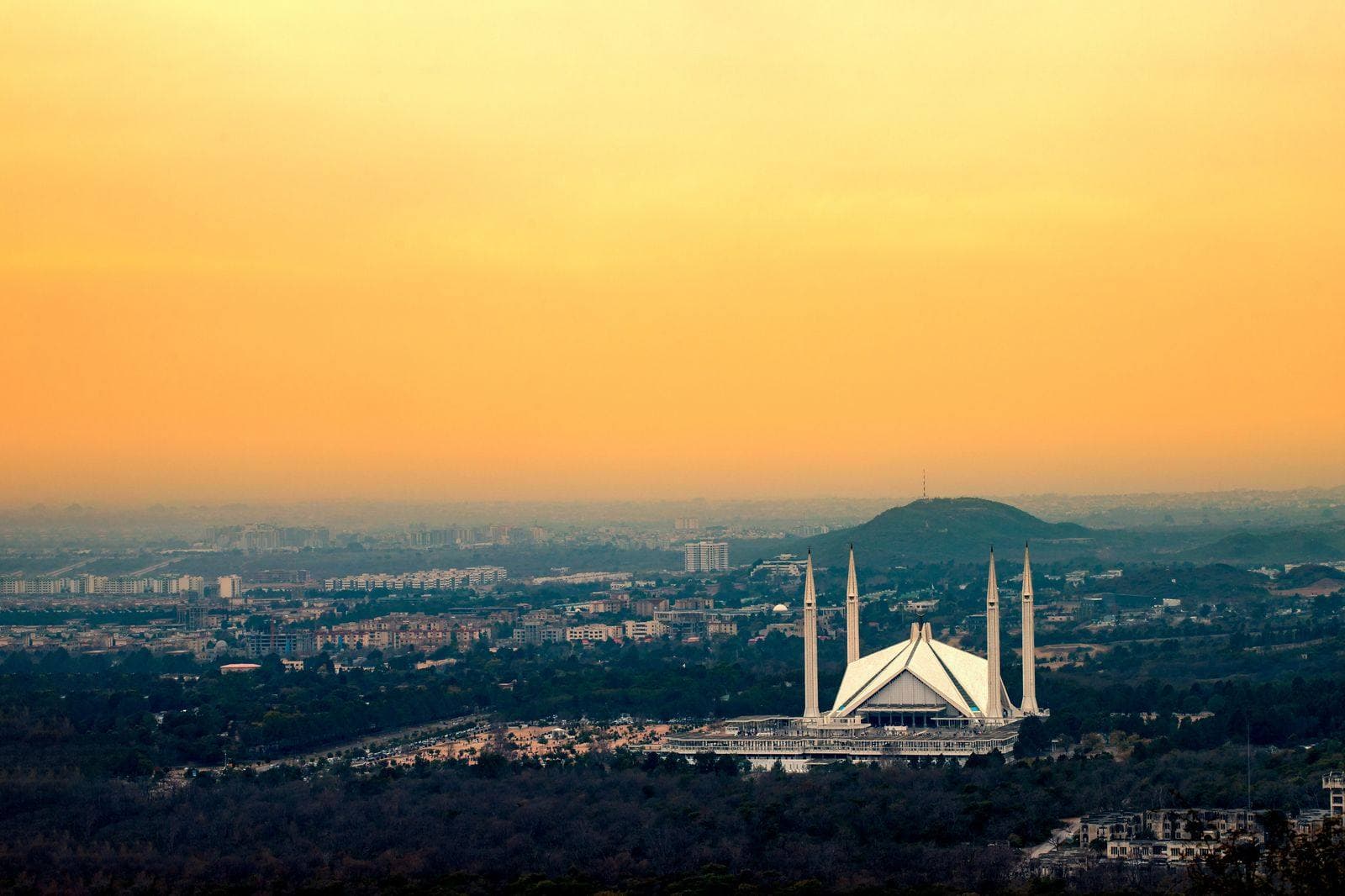 Faisal Mosque and Islamabad at sunset
